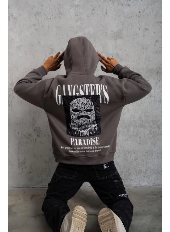 Erkek 3 İplik Pamuklu Baskılı Kapüşonlu Cepli Sweatshirt Hoodie - Gri