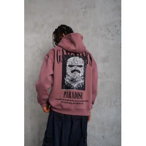 Erkek 3 İplik Pamuklu Kapüşonlu Baskılı Cepli Oversize Sweatshirt Hoodie - Gül Kurusu