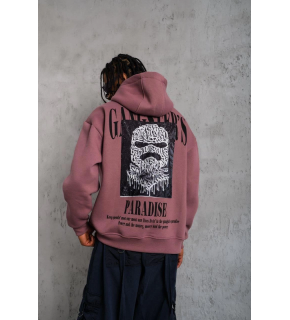 Erkek 3 İplik Pamuklu Kapüşonlu Baskılı Cepli Oversize Sweatshirt Hoodie - Gül Kurusu