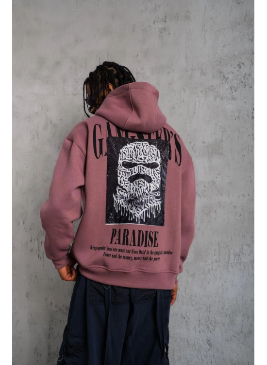 Erkek 3 İplik Pamuklu Kapüşonlu Baskılı Cepli Oversize Sweatshirt Hoodie - Gül Kurusu