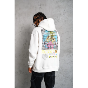 Erkek 3 İplik Pamuklu Kapüşonlu Baskılı Cepli Oversize Sweatshirt Hoodie - Beyaz