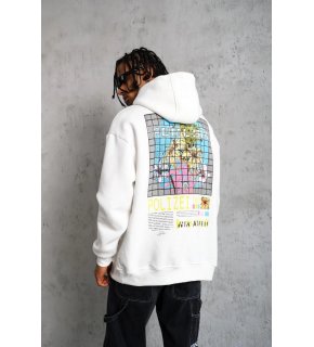 Erkek 3 İplik Pamuklu Kapüşonlu Baskılı Cepli Oversize Sweatshirt Hoodie - Beyaz