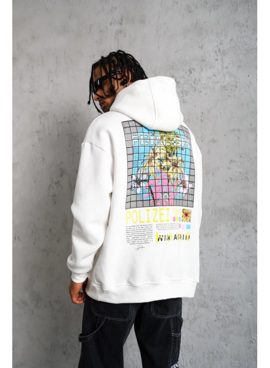 Erkek 3 İplik Pamuklu Kapüşonlu Baskılı Cepli Oversize Sweatshirt Hoodie - Beyaz Erkek 3 İplik Pamuklu Kapüşonlu Baskılı Cepli Oversize Sweatshirt Hoodie - Beyaz