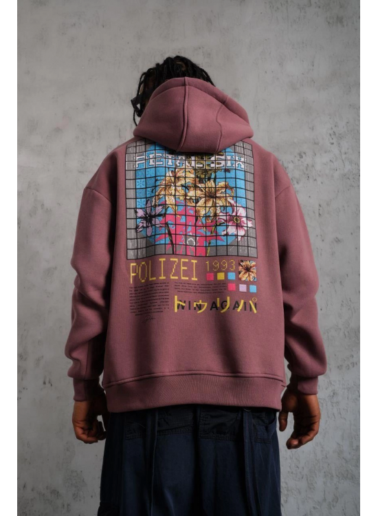 Erkek 3 İplik Pamuklu Kapüşonlu Baskılı Cepli Oversize Sweatshirt Hoodie - Gül Kurusu Erkek 3 İplik Pamuklu Kapüşonlu Baskılı Cepli Oversize Sweatshirt Hoodie - Gül Kurusu