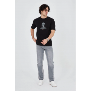 Erkek Baskılı T-Shirt Kısa Kol Bisiklet Yaka Regular Fit Rahat Kalıp Günlük Tişört - Siyah