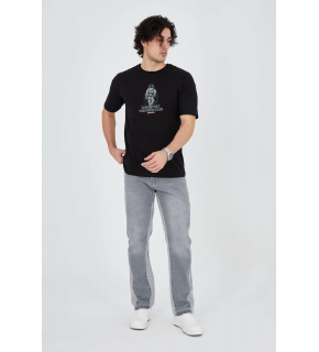 Erkek Baskılı T-Shirt Kısa Kol Bisiklet Yaka Regular Fit Rahat Kalıp Günlük Tişört - Siyah