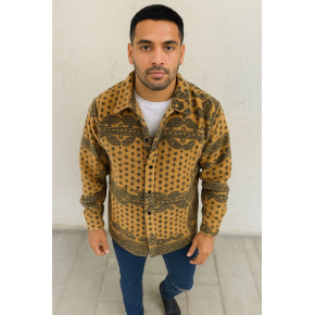 Erkek Düğmeli Gömlek Polar Sweatshirt Yumuşak Dokulu Oversize Kalıp -Sarı