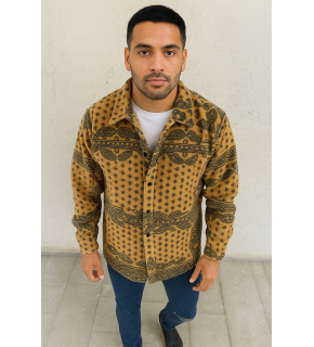 Erkek Düğmeli Gömlek Polar Sweatshirt Yumuşak Dokulu Oversize Kalıp -Sarı