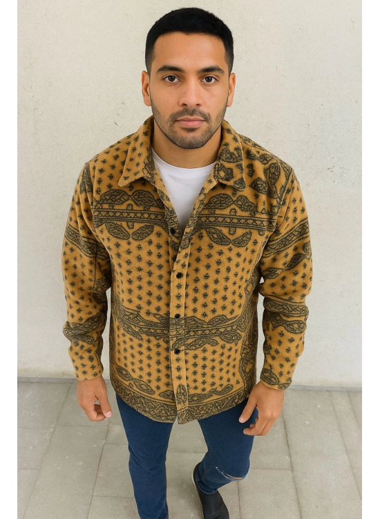 Erkek Düğmeli Gömlek Polar Sweatshirt Yumuşak Dokulu Oversize Kalıp -Sarı Erkek Düğmeli Gömlek Polar Sweatshirt Yumuşak Dokulu Oversize Kalıp -Sarı