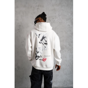 Erkek 3 İplik Pamuklu Kapüşonlu Baskılı Cepli Oversize Sweatshirt Hoodie - Beyaz