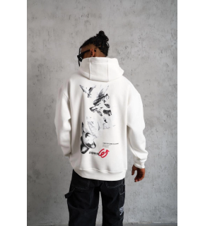 Erkek 3 İplik Pamuklu Kapüşonlu Baskılı Cepli Oversize Sweatshirt Hoodie - Beyaz