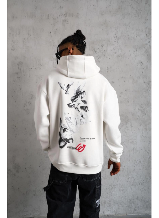 Erkek 3 İplik Pamuklu Kapüşonlu Baskılı Cepli Oversize Sweatshirt Hoodie - Beyaz Erkek 3 İplik Pamuklu Kapüşonlu Baskılı Cepli Oversize Sweatshirt Hoodie - Beyaz