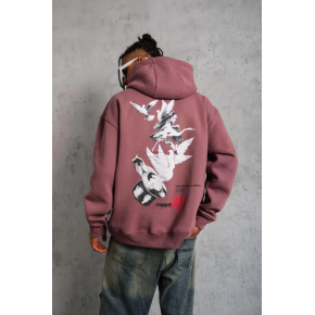 Erkek 3 İplik Pamuklu Kapüşonlu Baskılı Cepli Oversize Sweatshirt Hoodie - Gül Kurusu