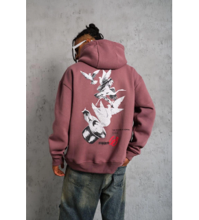 Erkek 3 İplik Pamuklu Kapüşonlu Baskılı Cepli Oversize Sweatshirt Hoodie - Gül Kurusu
