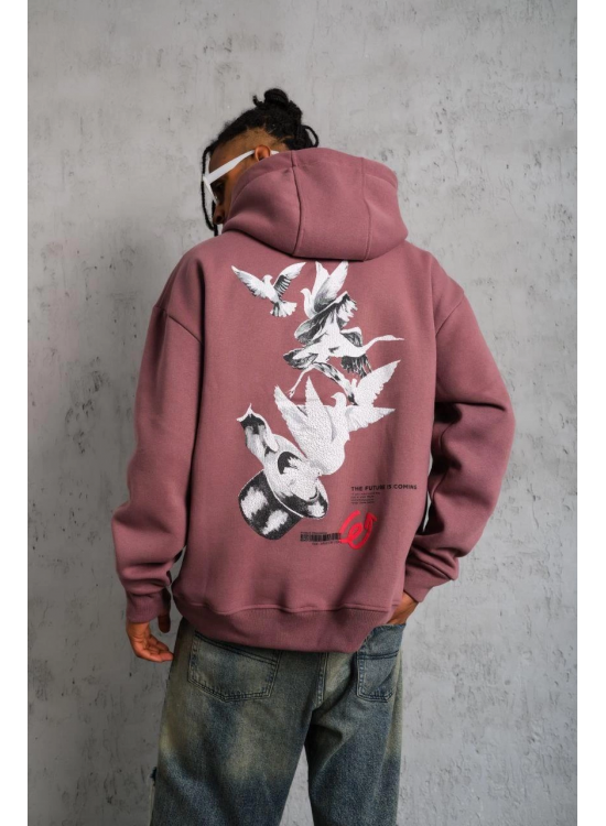 Erkek 3 İplik Pamuklu Kapüşonlu Baskılı Cepli Oversize Sweatshirt Hoodie - Gül Kurusu Erkek 3 İplik Pamuklu Kapüşonlu Baskılı Cepli Oversize Sweatshirt Hoodie - Gül Kurusu