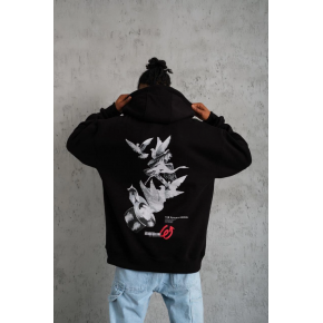 Erkek 3 İplik Pamuklu Kapüşonlu Baskılı Cepli Oversize Sweatshirt Hoodie - Siyah