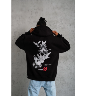 Erkek 3 İplik Pamuklu Kapüşonlu Baskılı Cepli Oversize Sweatshirt Hoodie - Siyah