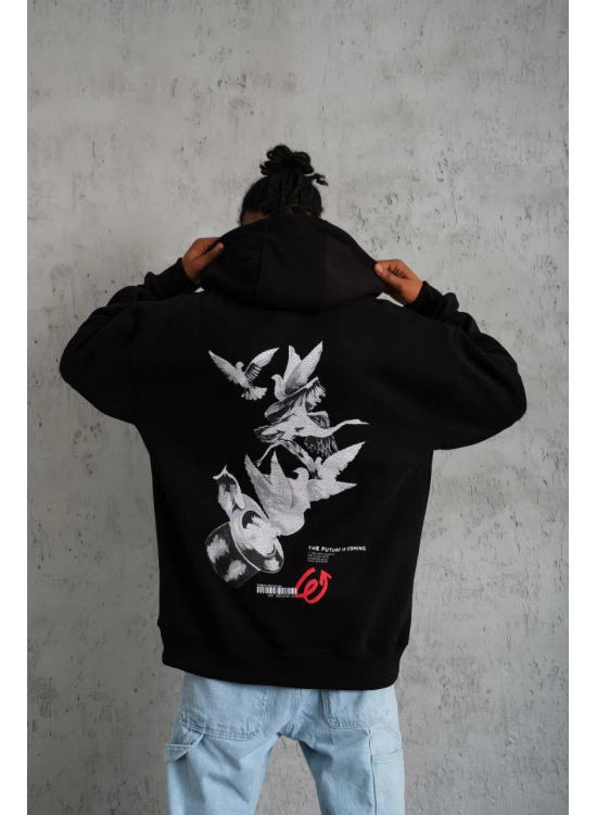 Erkek 3 İplik Pamuklu Kapüşonlu Baskılı Cepli Oversize Sweatshirt Hoodie - Siyah Erkek 3 İplik Pamuklu Kapüşonlu Baskılı Cepli Oversize Sweatshirt Hoodie - Siyah