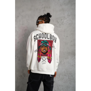 Erkek 3 İplik Pamuklu Kapüşonlu Baskılı Cepli Oversize Sweatshirt Hoodie - Beyaz