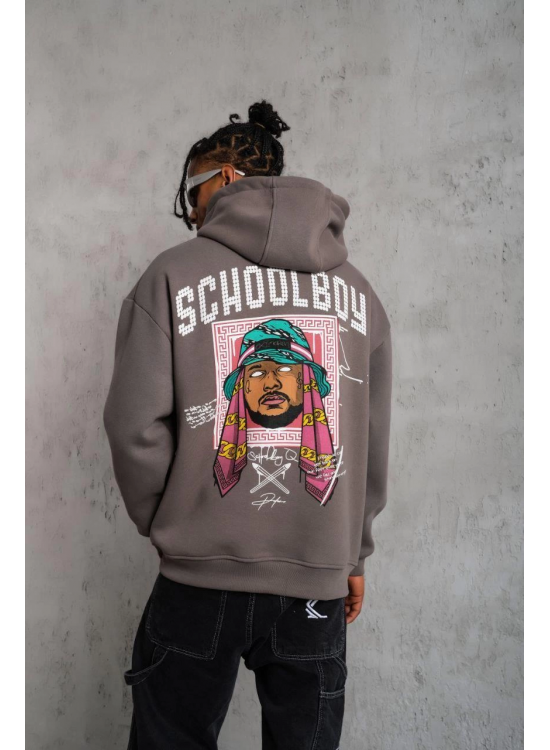 Erkek 3 İplik Pamuklu Kapüşonlu Baskılı Cepli Oversize Sweatshirt Hoodie - Gri