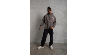 Erkek 3 İplik Pamuklu Kapüşonlu Baskılı Cepli Oversize Sweatshirt Hoodie - Gri