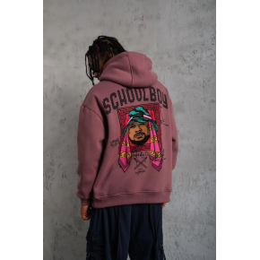 Erkek 3 İplik Pamuklu Kapüşonlu Baskılı Cepli Oversize Sweatshirt Hoodie - Gül Kurusu