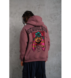 Erkek 3 İplik Pamuklu Kapüşonlu Baskılı Cepli Oversize Sweatshirt Hoodie - Gül Kurusu