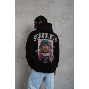 Erkek 3 İplik Pamuklu Kapüşonlu Baskılı Cepli Oversize Sweatshirt Hoodie - Siyah