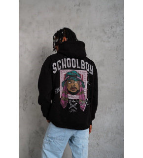 Erkek 3 İplik Pamuklu Kapüşonlu Baskılı Cepli Oversize Sweatshirt Hoodie - Siyah