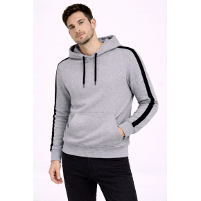 Erkek Şeritli Kapüşonlu Sweatshirt Oversize 3 iplik Pamuklu Hoodie - Gri