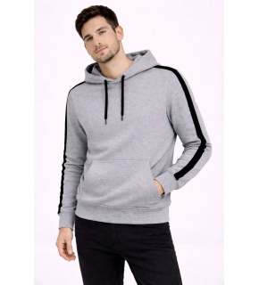 Erkek Şeritli Kapüşonlu Sweatshirt Oversize 3 iplik Pamuklu Hoodie - Gri