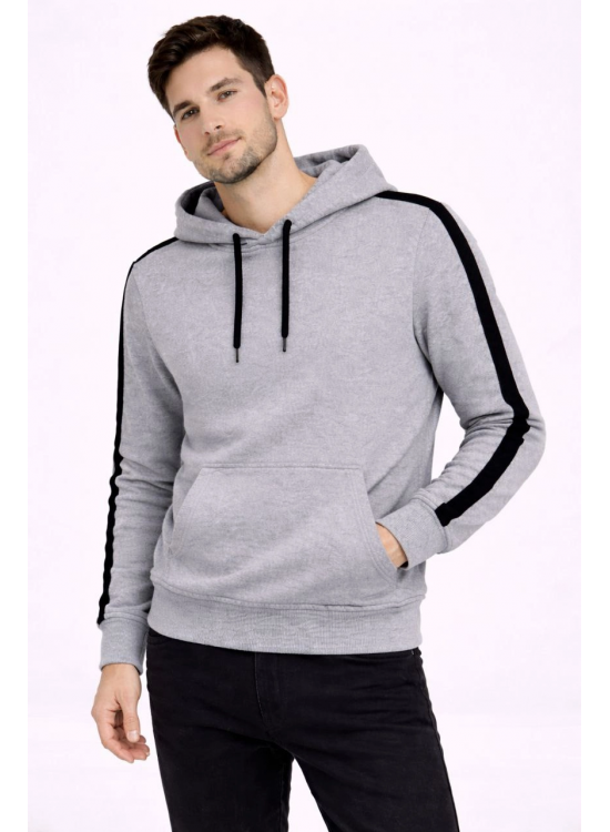 Erkek Şeritli Kapüşonlu Sweatshirt Oversize 3 iplik Pamuklu Hoodie - Gri Erkek Şeritli Kapüşonlu Sweatshirt Oversize 3 iplik Pamuklu Hoodie - Gri