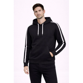 Erkek Şeritli Kapüşonlu Sweatshirt Oversize 3 iplik Pamuklu Hoodei - Siyah
