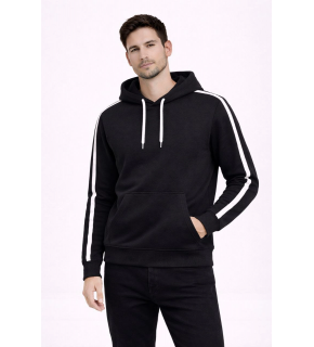 Erkek Şeritli Kapüşonlu Sweatshirt Oversize 3 iplik Pamuklu Hoodei - Siyah