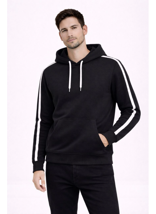 Erkek Şeritli Kapüşonlu Sweatshirt Oversize 3 iplik Pamuklu Hoodei - Siyah Erkek Şeritli Kapüşonlu Sweatshirt Oversize 3 iplik Pamuklu Hoodei - Siyah