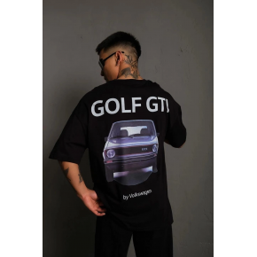 Erkek Oversize Tişört Golf GTI Retro Araba Baskılı T-shirt - Siyah