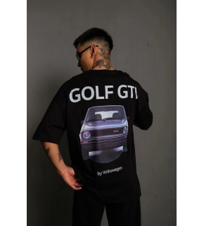 Erkek Oversize Tişört Golf GTI Retro Araba Baskılı T-shirt - Siyah
