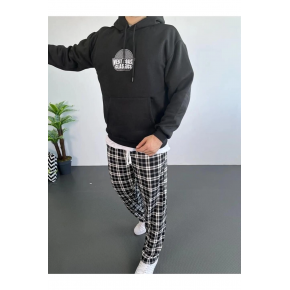 Erkek 3 İplik Pamuklu Kapüşonlu Baskılı Cepli Oversize Sweatshirt Hoodie - Siyah