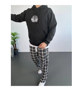 Erkek 3 İplik Pamuklu Kapüşonlu Baskılı Cepli Oversize Sweatshirt Hoodie - Siyah