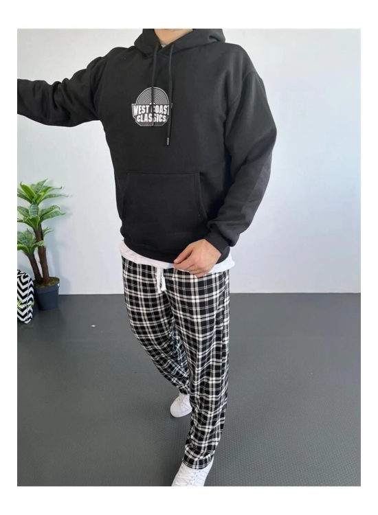 Erkek 3 İplik Pamuklu Kapüşonlu Baskılı Cepli Oversize Sweatshirt Hoodie - Siyah Erkek 3 İplik Pamuklu Kapüşonlu Baskılı Cepli Oversize Sweatshirt Hoodie - Siyah