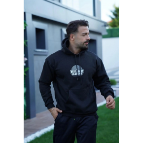 Erkek 3 İplik Pamuklu Kapüşonlu Baskılı Cepli Oversize Sweatshirt Hoodie - Siyah