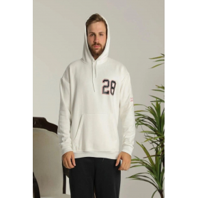 Erkek 3 İplik Pamuklu Kapüşonlu Baskılı Cepli Oversize Sweatshirt Hoodie - Beyaz