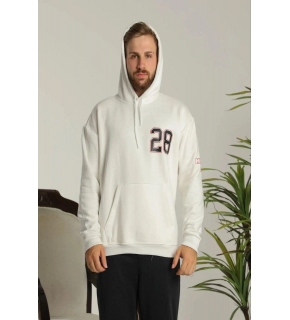 Erkek 3 İplik Pamuklu Kapüşonlu Baskılı Cepli Oversize Sweatshirt Hoodie - Beyaz
