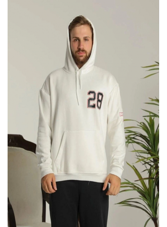 Erkek 3 İplik Pamuklu Kapüşonlu Baskılı Cepli Oversize Sweatshirt Hoodie - Beyaz Erkek 3 İplik Pamuklu Kapüşonlu Baskılı Cepli Oversize Sweatshirt Hoodie - Beyaz