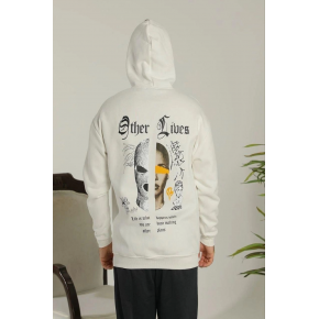 Erkek 3 İplik Pamuklu Kapüşonlu Baskılı Cepli Oversize Sweatshirt Hoodie - Beyaz