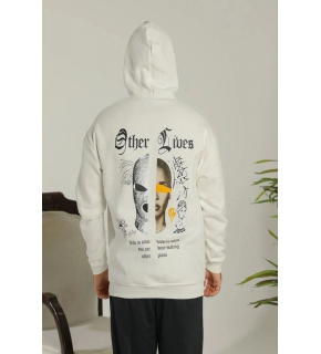 Erkek 3 İplik Pamuklu Kapüşonlu Baskılı Cepli Oversize Sweatshirt Hoodie - Beyaz