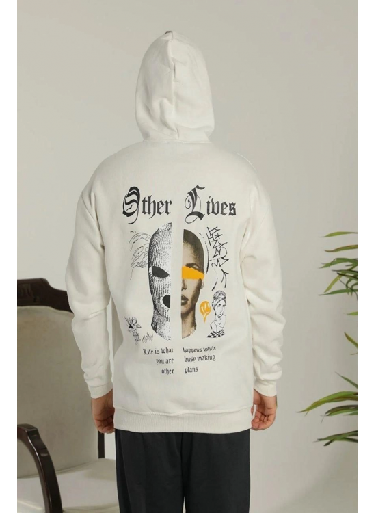 Erkek 3 İplik Pamuklu Kapüşonlu Baskılı Cepli Oversize Sweatshirt Hoodie - Beyaz Erkek 3 İplik Pamuklu Kapüşonlu Baskılı Cepli Oversize Sweatshirt Hoodie - Beyaz