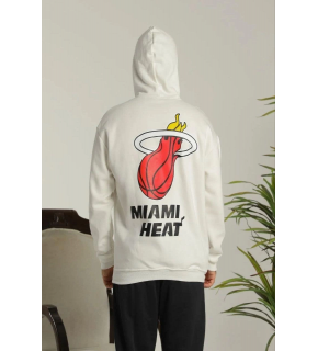Erkek 3 İplik Pamuklu Kapüşonlu Baskılı Cepli Oversize Sweatshirt Hoodie - Beyaz