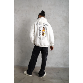 Erkek Kapüşonlu Kanguru Cepli Sweatshirt 3 İplik Pamuklu Baskılı Hoodie - Beyaz
