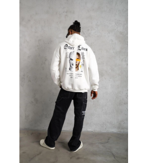 Erkek Kapüşonlu Kanguru Cepli Sweatshirt 3 İplik Pamuklu Baskılı Hoodie - Beyaz